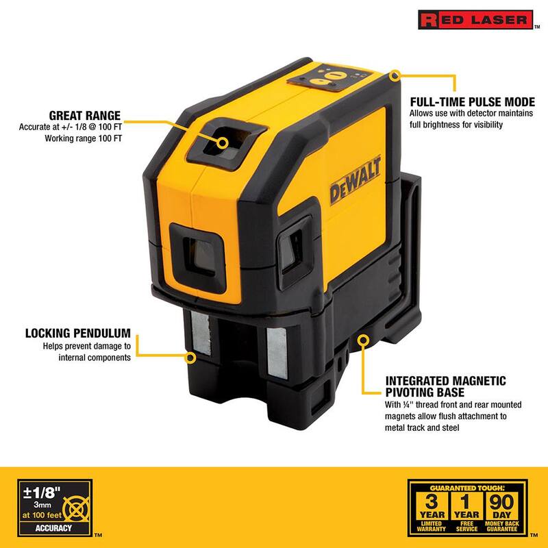 Nivel láser autonivelante DEWALT de 165 pies con 5 puntos rojos y línea horizontal, con (3) pilas AA y estuche - DW0851