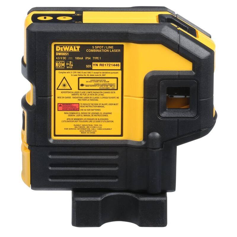 Nivel láser autonivelante DEWALT de 165 pies con 5 puntos rojos y línea horizontal, con (3) pilas AA y estuche - DW0851