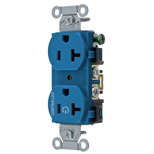 Dispositivos de cuchilla recta Hubbell Wiring Device-Kellems, receptáculos, dúplex, 1/2 carga controlada, 20A 125V, 2 polos 3 cables a tierra, 5-20R, cableado posterior y lateral, color azul - BR20C1BL