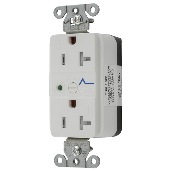 Dispositivos de hoja recta Hubbell Wiring Device-Kellems, Receptáculos, Dúplex, SNAPConnect, Supresión de sobretensión, a prueba de manipulaciones, Indicador LED, 20A 125V, 5-20R - SNAP5362WS
