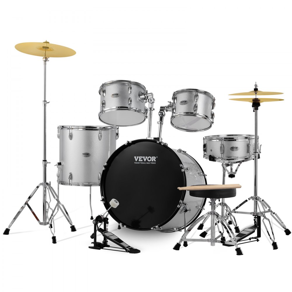VEVOR Adult Drum Set, 5-Piece, 22 inches Complete Full Size Drum Kit with Bass Toms Snare Floor Drum Adjustable Throne Stands Cymbal Hi-Hat Pedal and Drumsticks, Beginner Drum Kit for Adults, Silver - WJTJZG5JT22YET4DWV0
