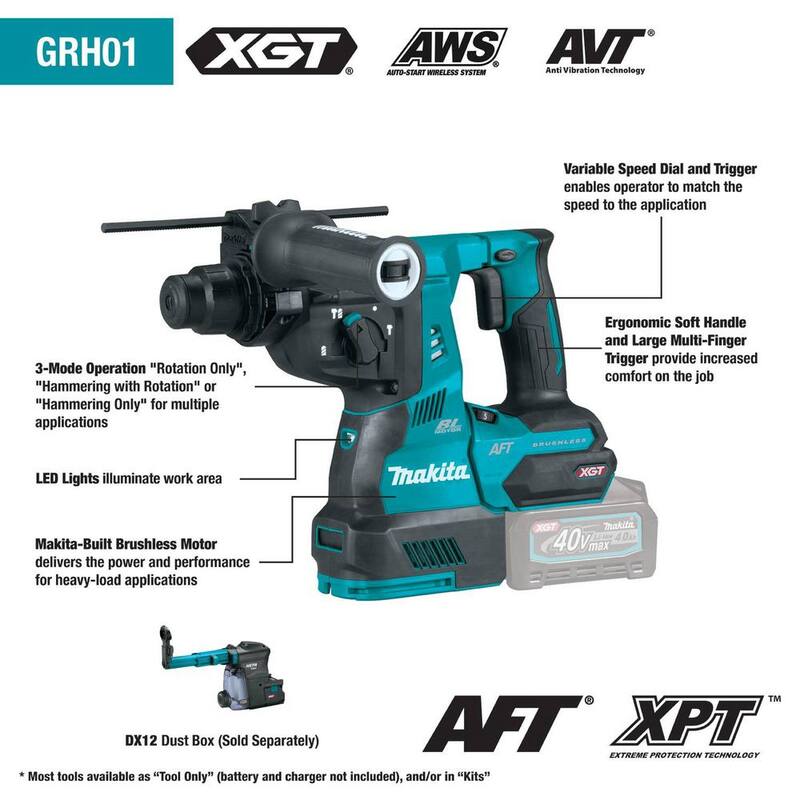 Martillo rotativo inalámbrico sin escobillas Makita 40V Max XGT de 1-1/8 pulgadas, AFT, capacidad AWS (solo herramienta) - GRH01Z