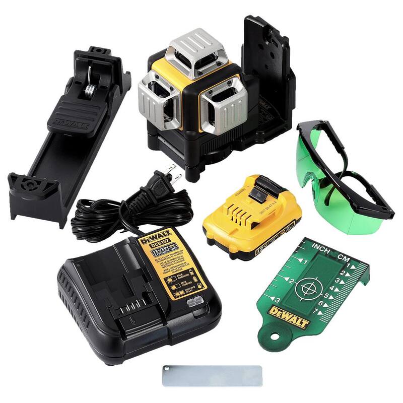 Kit de nivel láser DEWALT 12V MAX de litio de 100 pies con autonivelado verde de 3 haces y 360 grados y cinta métrica de bolsillo de 9 pies - DW089LG-QUW3028