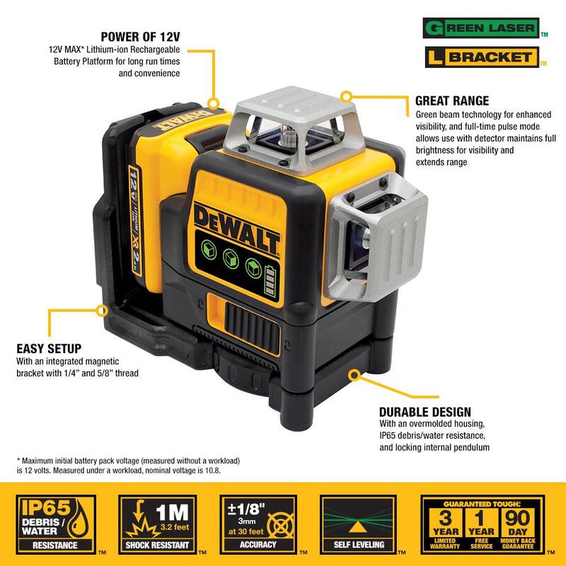 Kit de nivel láser DEWALT 12V MAX de litio de 100 pies con autonivelado verde de 3 haces y 360 grados y cinta métrica de bolsillo de 9 pies - DW089LG-QUW3028