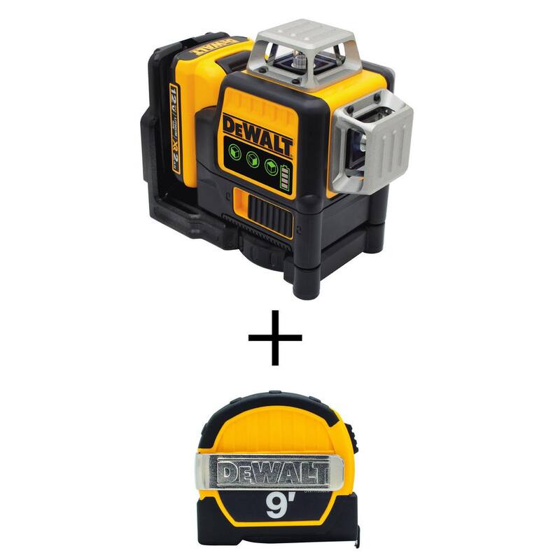 Kit de nivel láser DEWALT 12V MAX de litio de 100 pies con autonivelado verde de 3 haces y 360 grados y cinta métrica de bolsillo de 9 pies - DW089LG-QUW3028