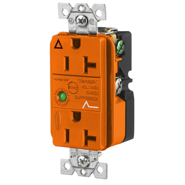 Dispositivos de protección contra sobretensiones Hubbell Wiring Device-Kellems, toma de corriente dúplex SPIKESHIELD IG TVSS con luz y alarma, 20A 125V, 5-20R, color naranja - IG5362OSA