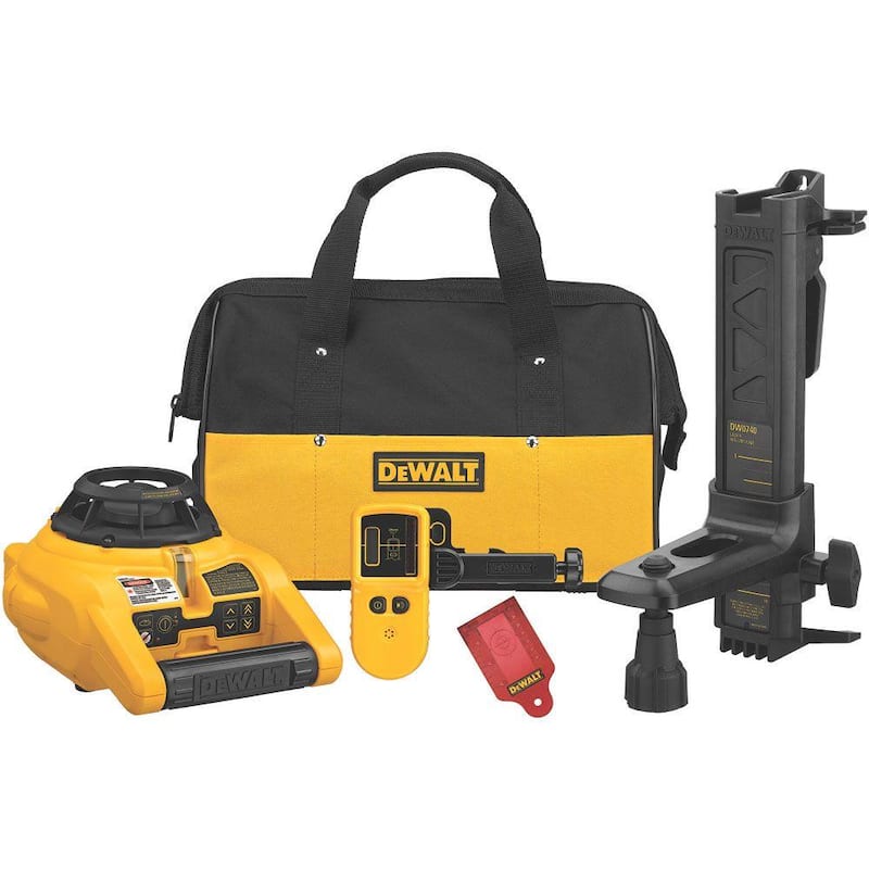 DEWALT Nivel Láser Rotativo Autonivelante de 150 pies en Rojo con Detector y Abrazadera, Soporte de Pared, Control Remoto, Bolsa, (2) Pilas D y (1) Pila de 9V - DW074KD