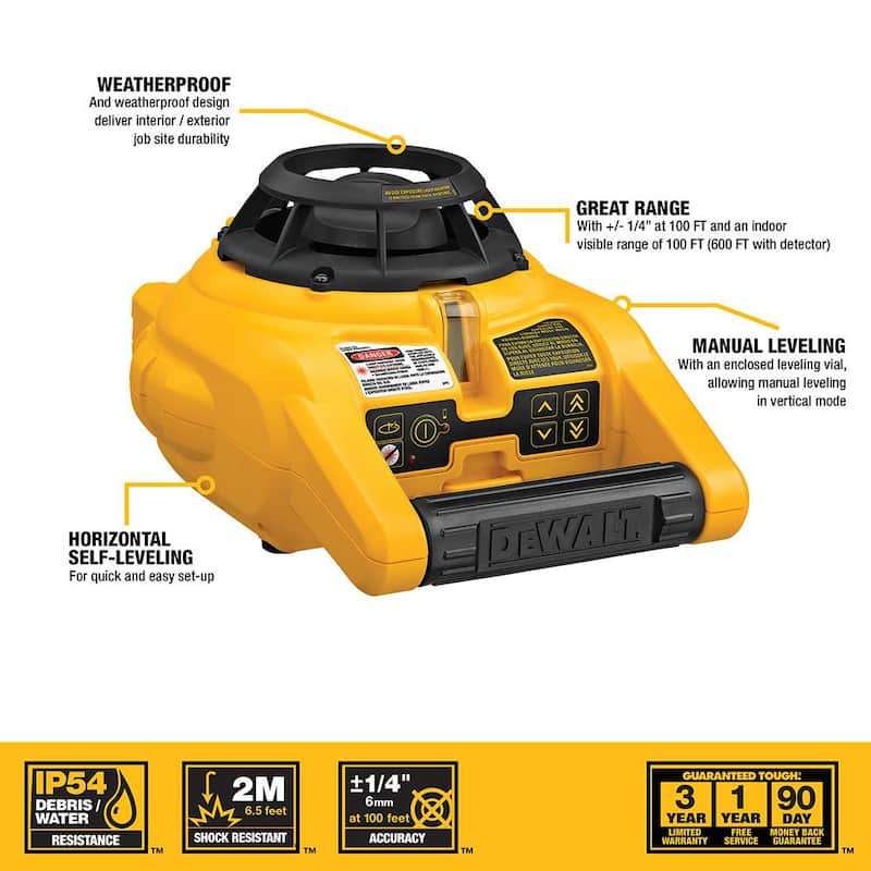 DEWALT Nivel Láser Rotativo Autonivelante de 150 pies en Rojo con Detector y Abrazadera, Soporte de Pared, Control Remoto, Bolsa, (2) Pilas D y (1) Pila de 9V - DW074KD