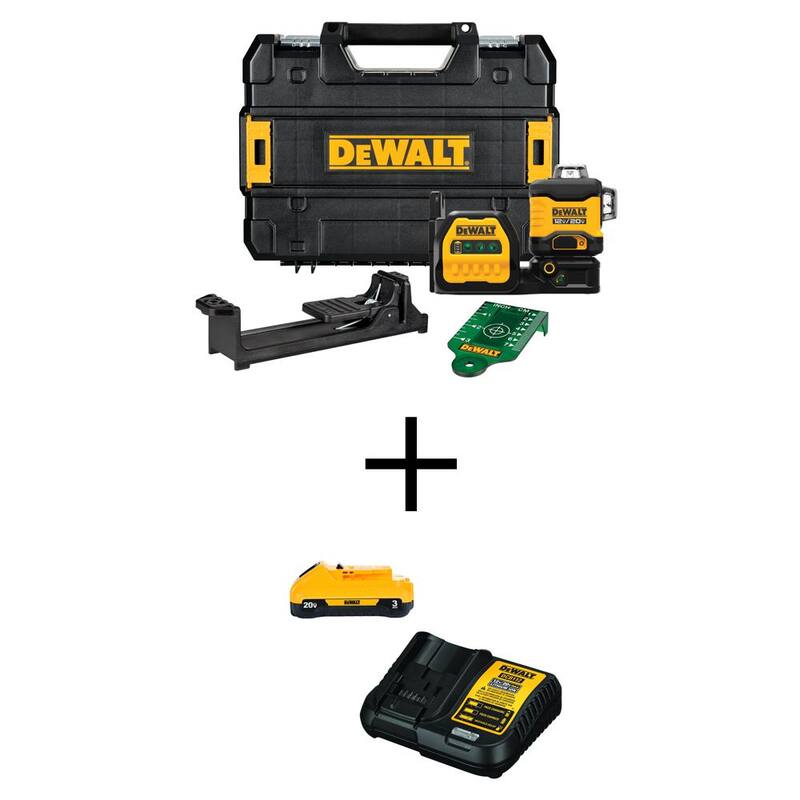 Nivel láser de líneas cruzadas DEWALT 20V/12V con alcance de 165 pies y paquete de batería de iones de litio compacta de 20V MAX de 3.0Ah y cargador de 12V a 20V MAX - DCLE34030GBW30C