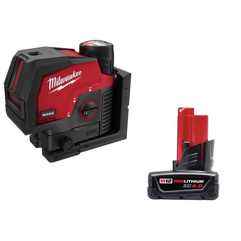 Milwaukee M12 12-Volt Lithium-Ion Inalámbrico 125 ft. Kit de nivel láser de puntos cruzados/vertical verde con batería de 3.0 y 4.0 Ah - 3622-21-48-11-2440