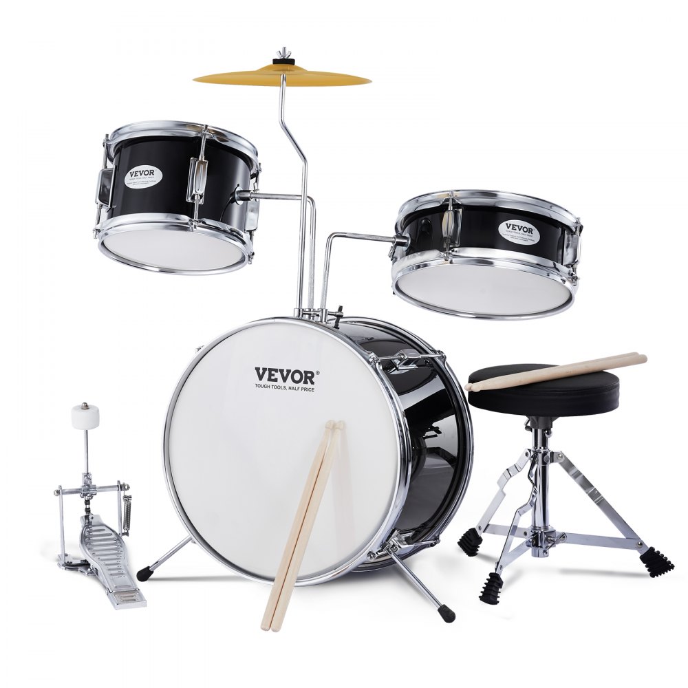 VEVOR Kids Drum Set, 3-Piece, 14 in Beginner Drum Set with Adjustable Throne Cymbal Pedal Two Pairs of Drumsticks, 8'' Tom Drum 10'' Snare Drum 14'' Bass Drum, Starter Drum Kit for Child Kids, Black - SJTJZGSGZ14HSQWVHV0