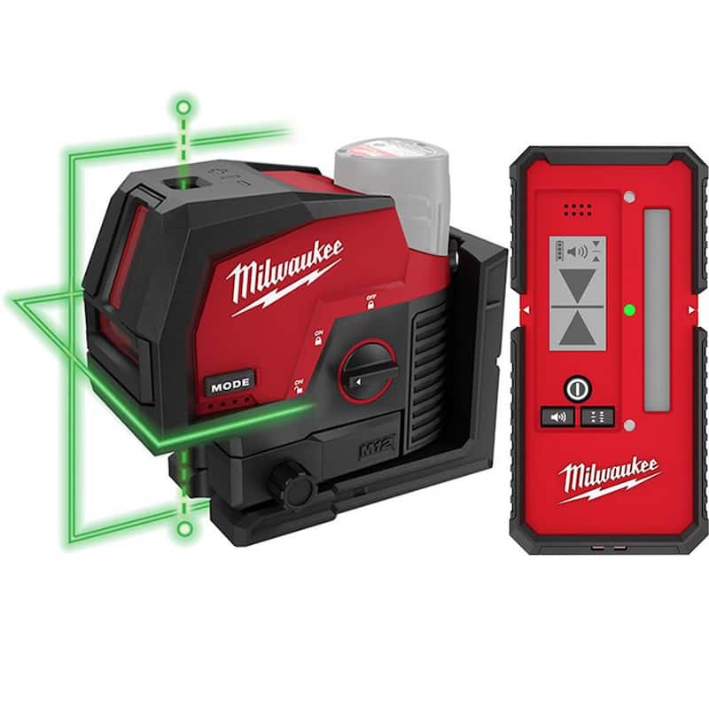 Nivel láser de línea cruzada y puntos de plomada Milwaukee M12 12-Volt Lithium-Ion inalámbrico verde de 125 pies con detector de láser - 3622-20-48-35-1211