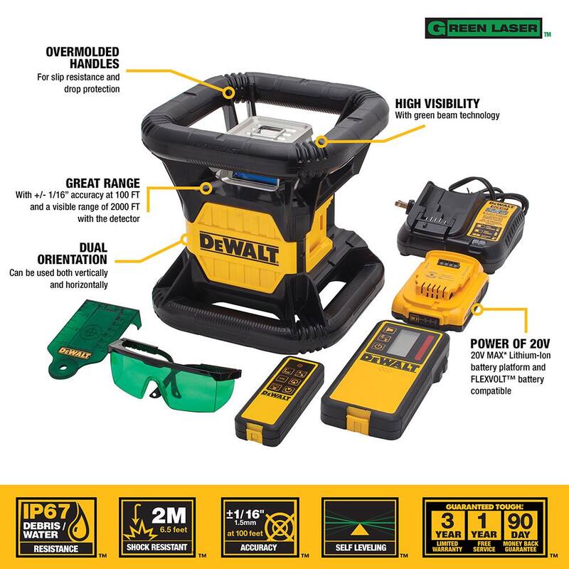 Nivel láser rotativo autonivelante verde DEWALT 20V MAX de 250 pies con batería de 2.0Ah, cargador y estuche TSTAK - DW079LG