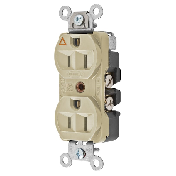 Dispositivos de hoja recta, receptáculos, duplex, Hubbell-Pro Heavy Duty, 2 polos 3 cables a tierra, 15A 125V, 5-15R, marfil, paquete individual, conexión a tierra aislada - CR5252IGI