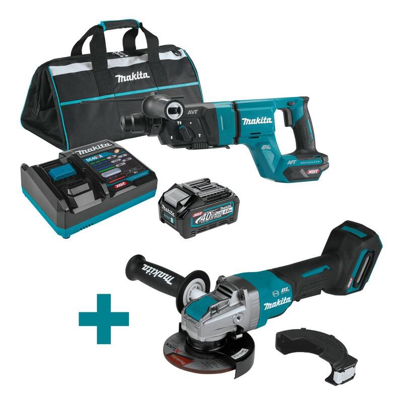 Kit de martillo rotativo sin escobillas Makita con XGT de 40 voltios máximo de 1-1/8 pulgadas, AFT (4.0 Ah) con bono de amoladora angular XGT sin escobillas de 5 pulgadas X-LOCK - GRH07M1-GAG13Z.