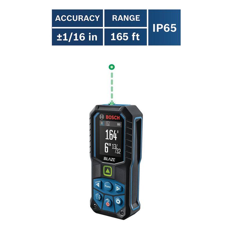 Cinta métrica láser verde Bosch Blaze de 165 pies con batería de iones de litio de 3.7 voltios y 1.0 Ah con carga USB - GLM16525GGLMBAT