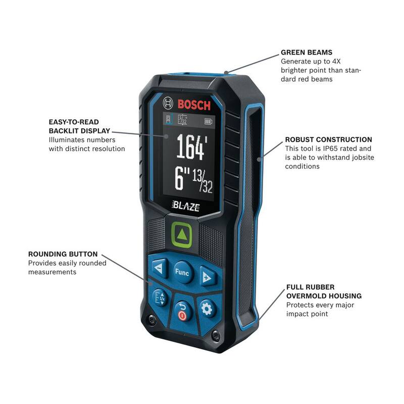 Cinta métrica láser verde Bosch Blaze de 165 pies con batería de iones de litio de 3.7 voltios y 1.0 Ah con carga USB - GLM16525GGLMBAT