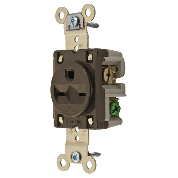 Dispositivos de hoja recta Hubbell Wiring Device-Kellems, Receptáculos, Sencillo, Grado de especificación, 2 polos 3 cables a tierra, 15A 250V, 6-15R, Marrón, Paquete individual con anillo, Mod de terminales - HBL5661RT