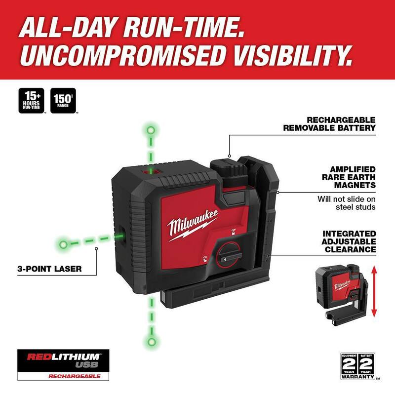 Milwaukee Green 100 ft. Nivel láser recargable de 3 puntos con batería y cargador con trípode ajustable de 72 pulgadas - 3510-21-48-35-1411.