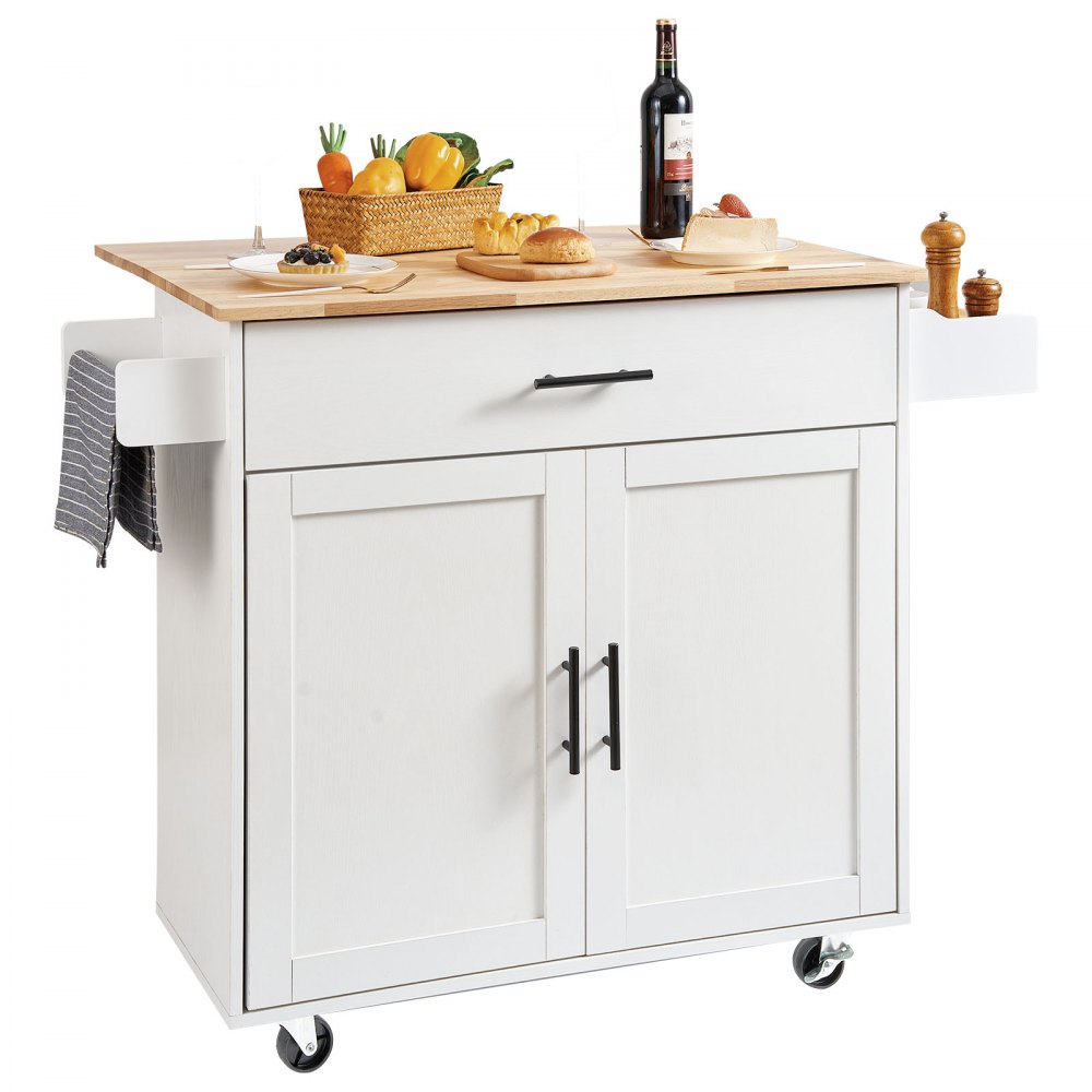 VEVOR Kitchen Island Cart with Solid Wood Top, 35.4" Width Mobile Carts with Storage Cabinet, Rolling Kitchen Table with Spice Rack, Towel Rack, Drop Leaf and Drawer, Portable Islands on Wheels, White - YDKCFDXJMDB12OVNIV0
