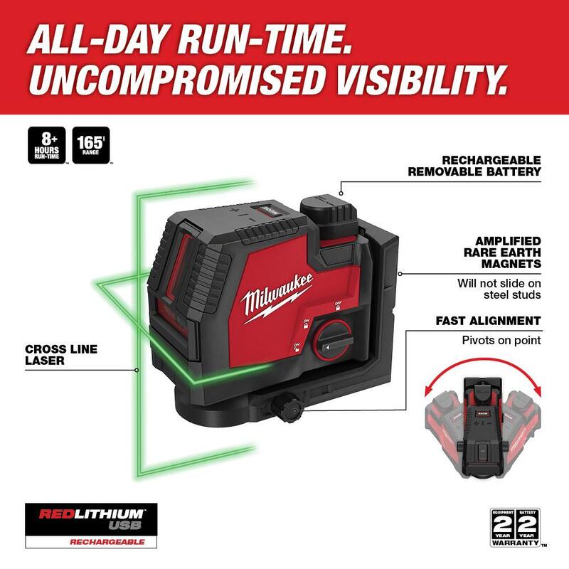 Milwaukee 100 ft. Nivel láser de líneas cruzadas recargable USB verde con cargador con montaje láser de conexión rápida de 360° - 3521-21-48-35-1311