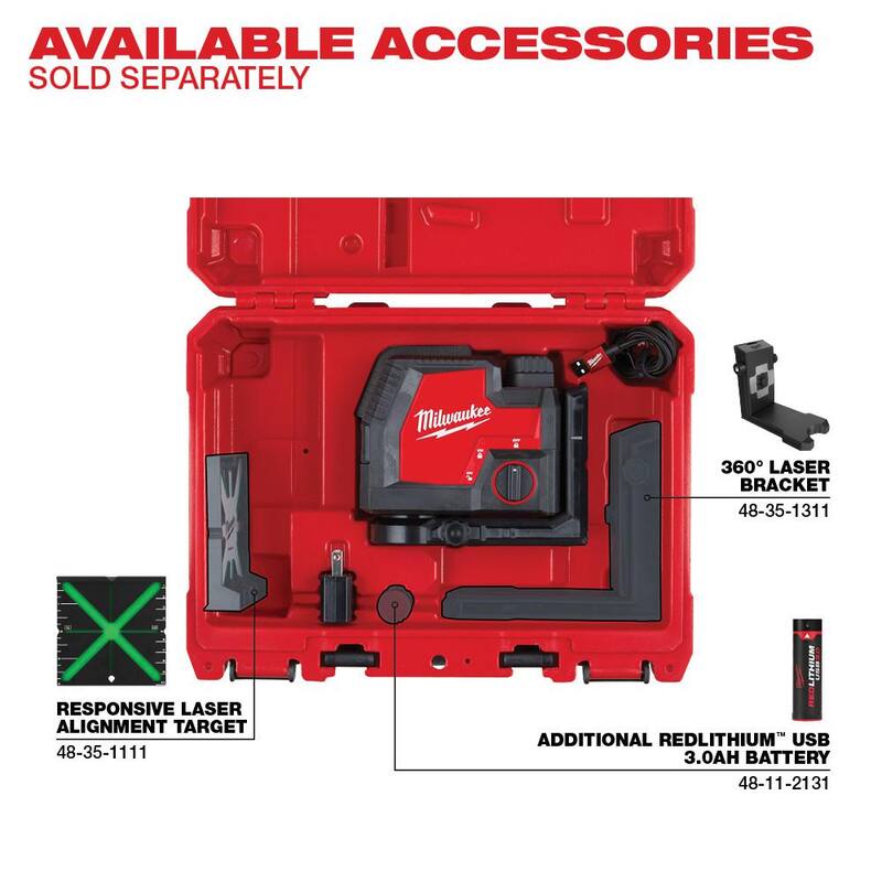 Milwaukee 100 ft. Nivel láser de líneas cruzadas recargable USB verde con cargador con montaje láser de conexión rápida de 360° - 3521-21-48-35-1311