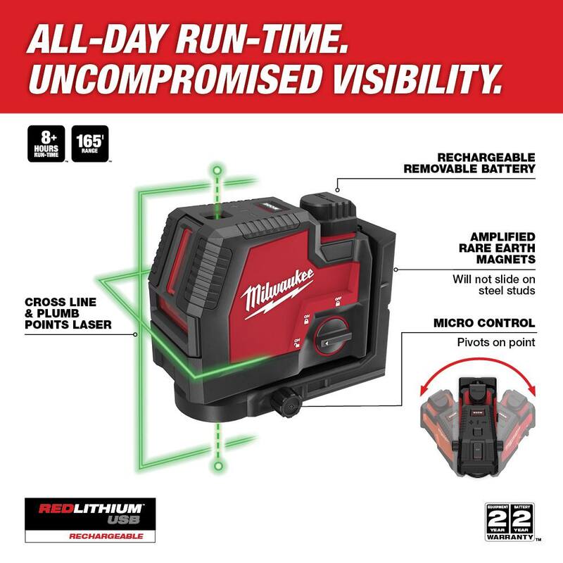 Milwaukee 100 ft. Kit de nivel láser recargable con línea transversal y puntos de plomada verdes con montura láser de conexión rápida de 360° - 3522-21-48-35-1311