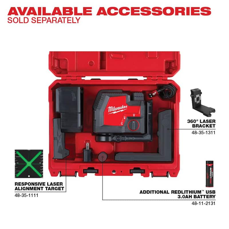 Milwaukee 100 ft. Kit de nivel láser recargable con línea transversal y puntos de plomada verdes con montura láser de conexión rápida de 360° - 3522-21-48-35-1311