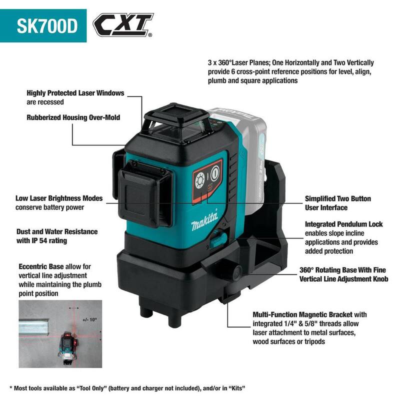 Nivel láser rojo Makita 12V max CXT inalámbrico de iones de litio autonivelante de 360 grados en 3 planos (Herramienta solamente) - SK700D