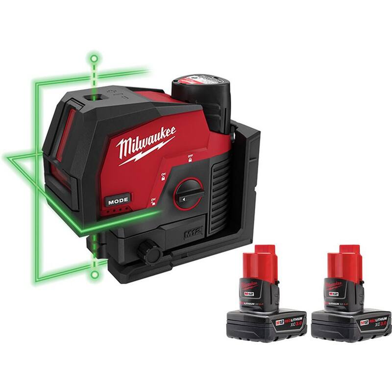 Milwaukee M12 Kit de nivel láser de línea cruzada y puntos de plomada inalámbrico de 12 voltios de 125 pies de color verde con 3 baterías - 3622-21-48-11-2412