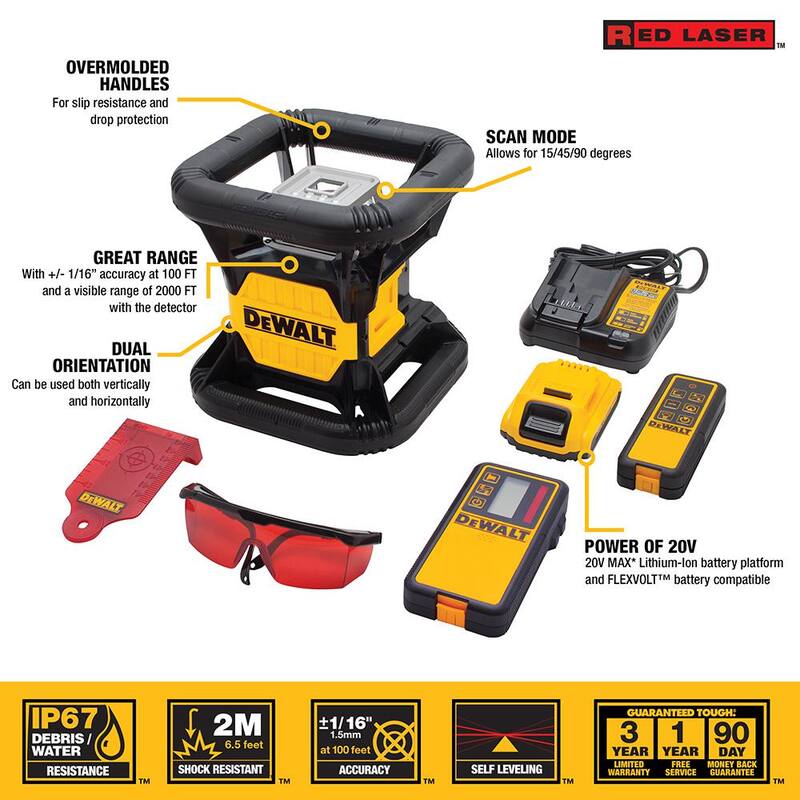 Nivel láser rotativo autonivelante DEWALT 20V MAX de 200 ft. con detector, batería de 2.0Ah, cargador y estuche TSTAK - DW079LR.
