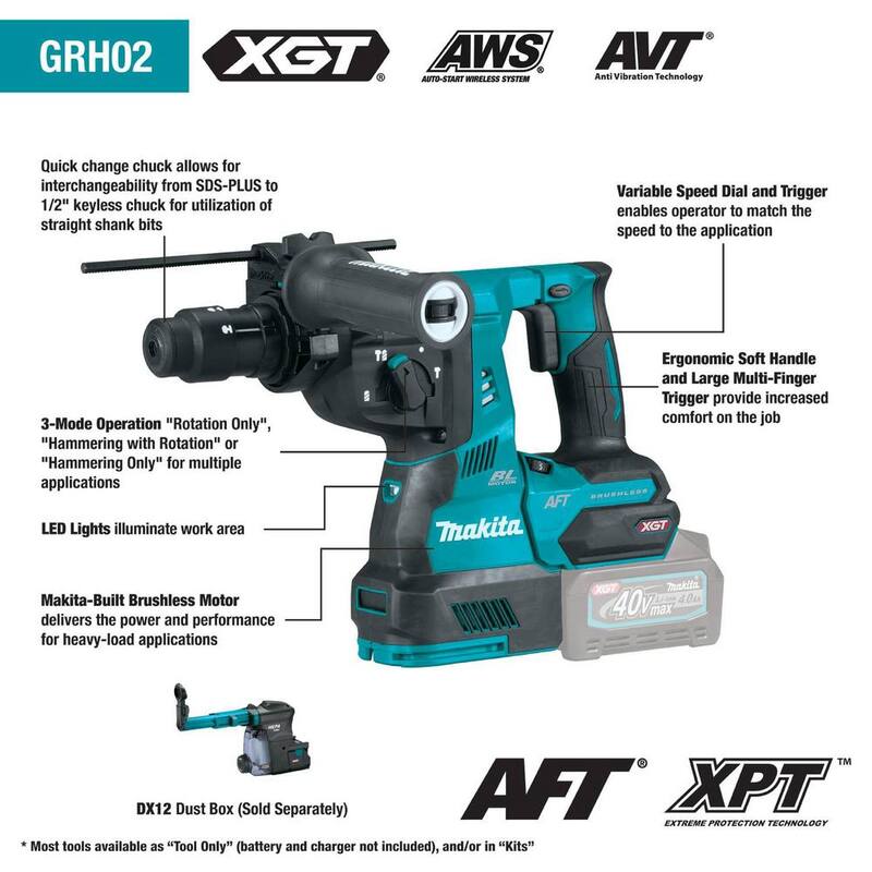 Martillo rotativo inalámbrico Makita 40V Max XGT sin escobillas de 1-1/8 pulgadas, con mandril intercambiable, compatible con AWS (Herramienta Únicamente) - GRH02Z
