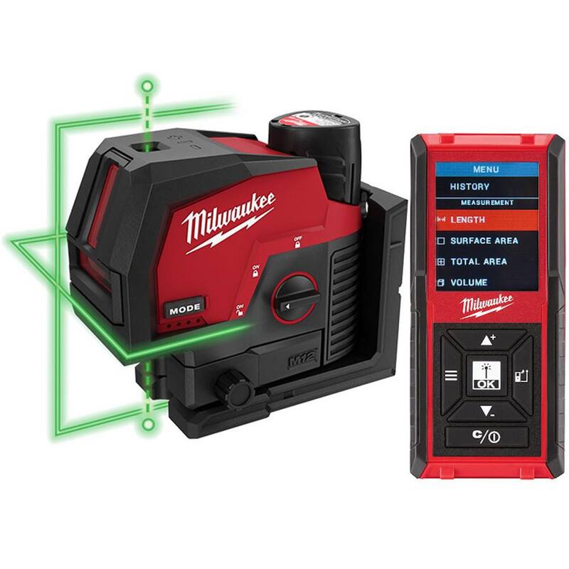 Milwaukee M12 Kit de Nivel Láser de Puntos Cruzados y Verticales Verde de Iones de Litio de 12 Voltios sin cables con Medidor de Distancia Láser - 3622-21-48-22-9802