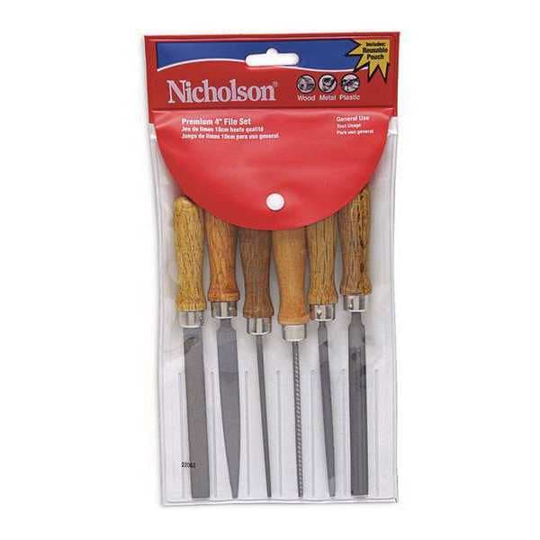 Crescent Nicholson 6 Piece 4" Assorted American Pattern File Set with Wooden Handles - 22062NNN