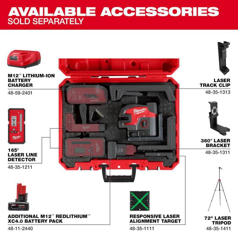 Kit nivel láser verde de líneas cruzadas y 4 puntos Milwaukee M12 de 12 voltios con medidor de distancia láser de 150 pies - 3624-21-48-22-9802