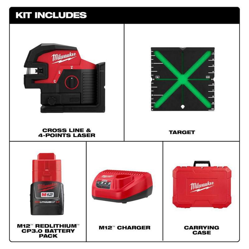 Kit nivel láser verde de líneas cruzadas y 4 puntos Milwaukee M12 de 12 voltios con medidor de distancia láser de 150 pies - 3624-21-48-22-9802