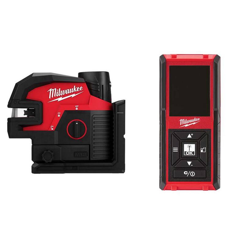 Kit nivel láser verde de líneas cruzadas y 4 puntos Milwaukee M12 de 12 voltios con medidor de distancia láser de 150 pies - 3624-21-48-22-9802