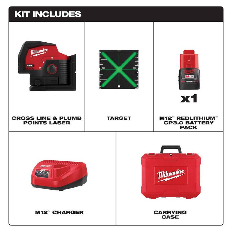 Milwaukee M12 125 ft. Kit de nivel láser de línea transversal/plomada verde inalámbrico de 12 voltios con soporte láser de conexión rápida de 360° - 3622-21-48-35-1311