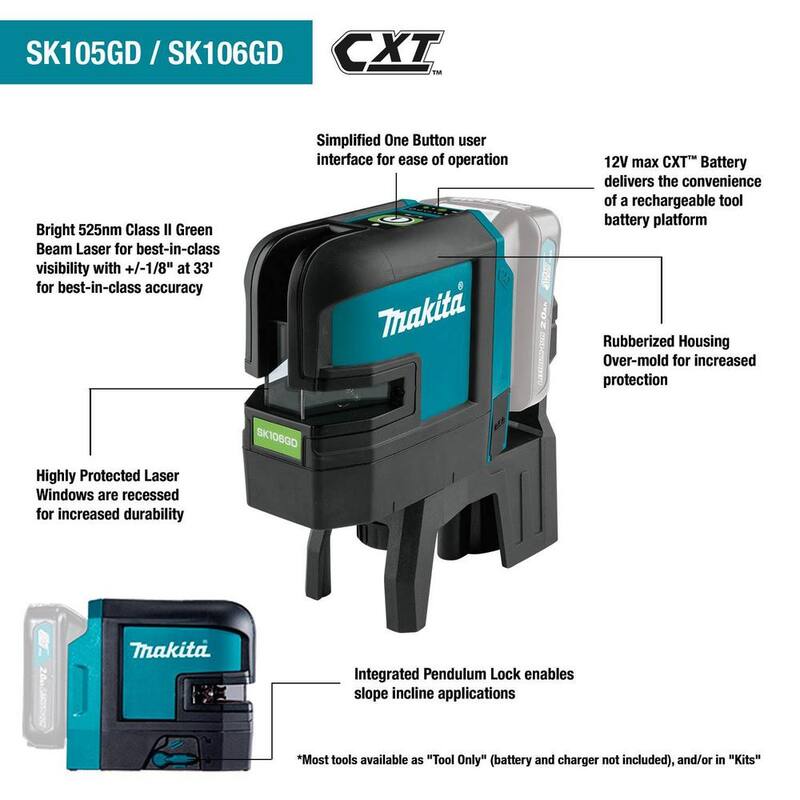 Kit de láser verde de líneas cruzadas autonivelante Makita 12V max CXT (2.0 Ah) - SK105GDNAX