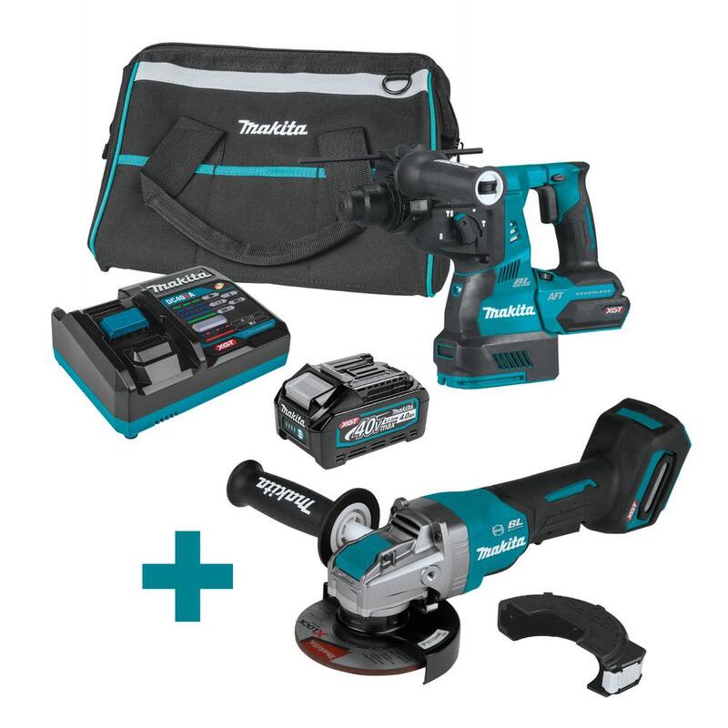 Martillo rotativo Makita de 40 voltios máximo XGT sin escobillas de 1-1/8 pulgadas, kit con AFT (4.0Ah) con bono de amoladora angular XGT sin escobillas de 5 pulgadas X-LOCK - GRH01M1-GAG13Z.