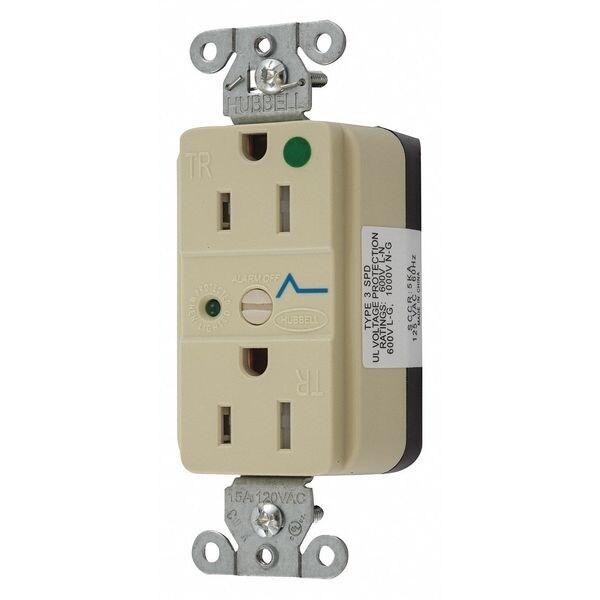 Receptáculo Hubbell Wiring Device-Kellems, 15 A Amps, 125V AC, Montaje al Ras, Salida Dúplex Estándar, 5-15R, Marfil - SNAP8262IS