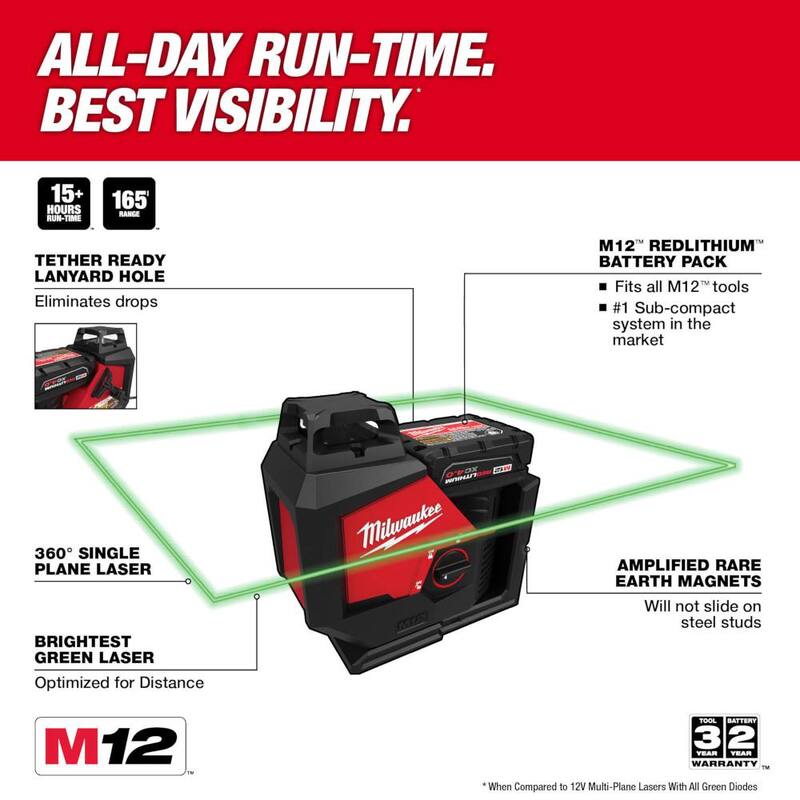 Milwaukee M12 Kit de nivel láser de plano único verde inalámbrico de 360 grados de 12 voltios de iones de litio - 3631-21