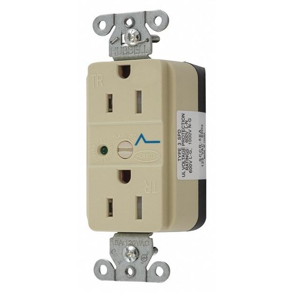 Receptáculo Hubbell Wiring Device-Kellems, 15 amperios, 125V CA, montaje al ras, toma de corriente doble estándar, 5-15R, marfil - SNAP5262IS