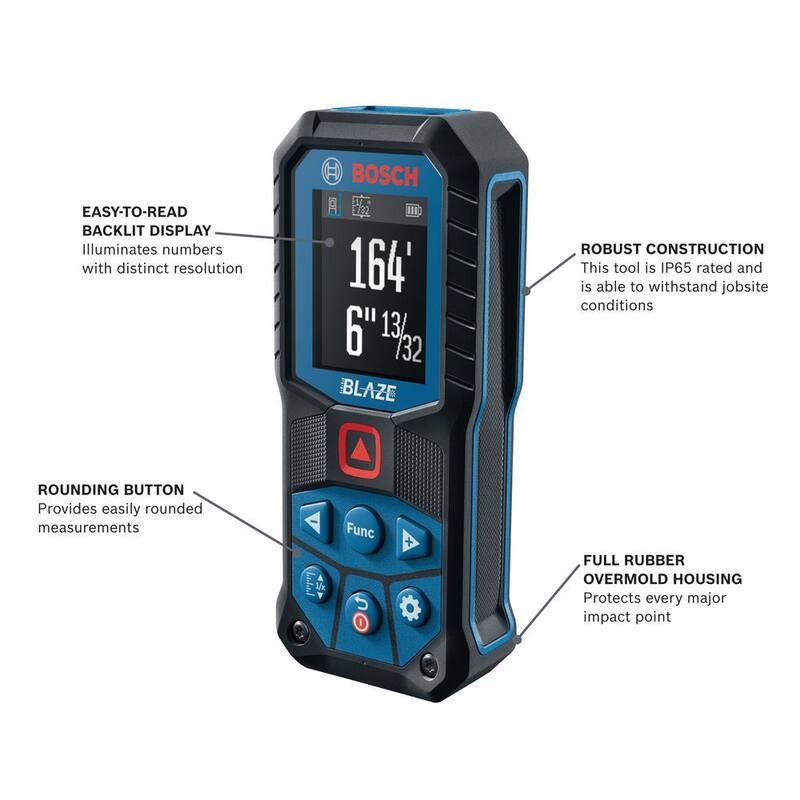 Herramienta de medición de distancia con cinta láser Bosch Blaze de 165 pies, pantalla a color y batería de iones de litio de 3.7 voltios y 1.0 Ah con carga USB - GLM16522+GLMBAT