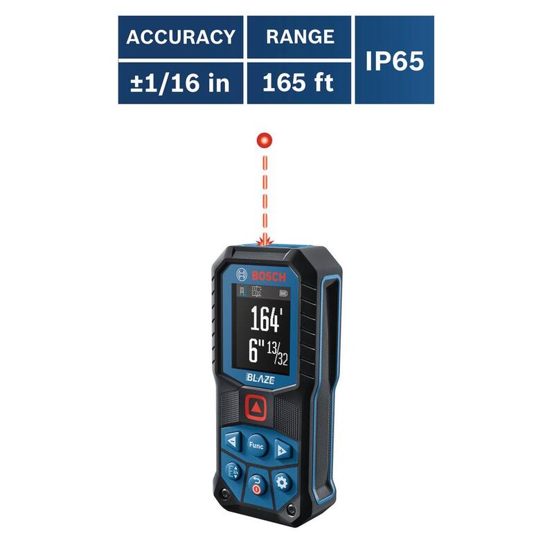 Herramienta de medición de distancia con cinta láser Bosch Blaze de 165 pies, pantalla a color y batería de iones de litio de 3.7 voltios y 1.0 Ah con carga USB - GLM16522+GLMBAT