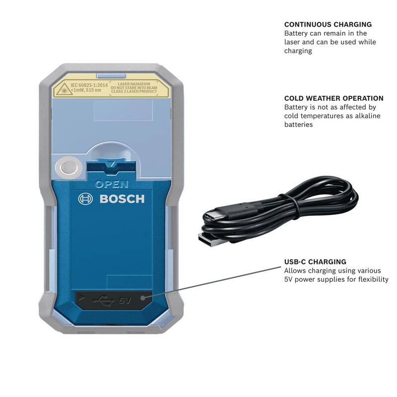 Herramienta de medición de distancia con cinta láser Bosch Blaze de 165 pies, pantalla a color y batería de iones de litio de 3.7 voltios y 1.0 Ah con carga USB - GLM16522+GLMBAT