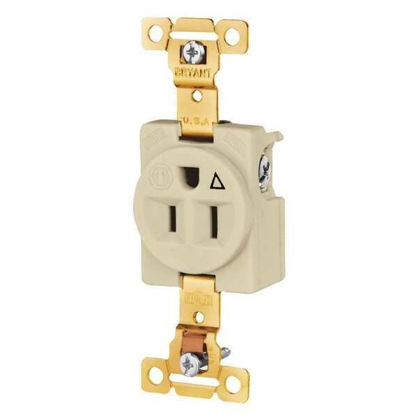 Bryant Receptacle, 15 A Amps, 125V AC, Flush Mount, Single Outlet, 5-15R, Ivory - 5261IGI