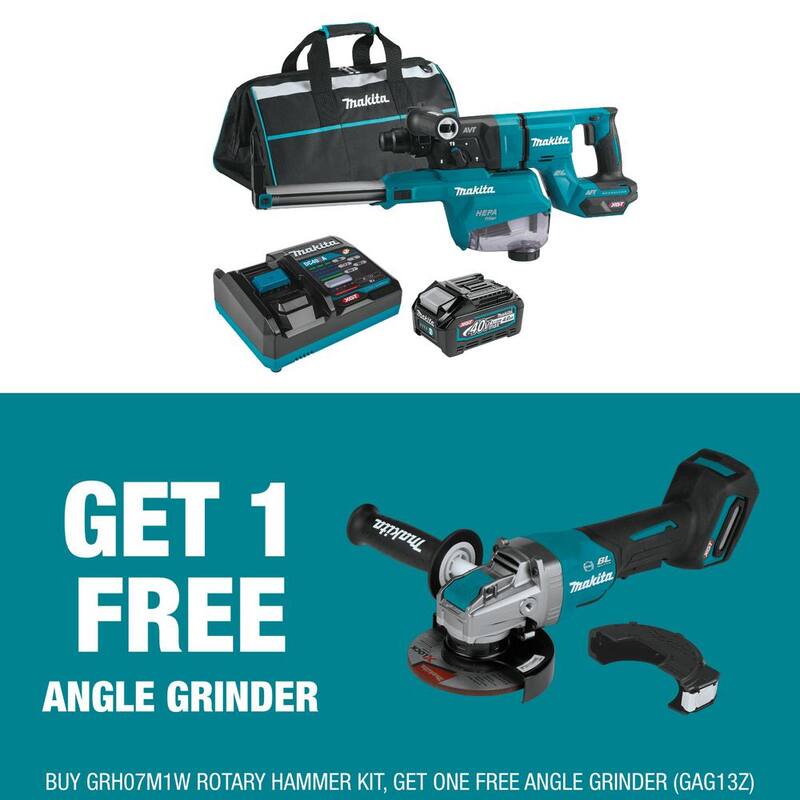 Kit de martillo rotativo sin escobillas Makita 40V max XGT de 1-1/8 pulgadas con extractor de polvo, AFT (4.0Ah) con bonito molinillo angular sin escobillas XGT de 5 pulgadas - GRH07M1W-GAG13Z