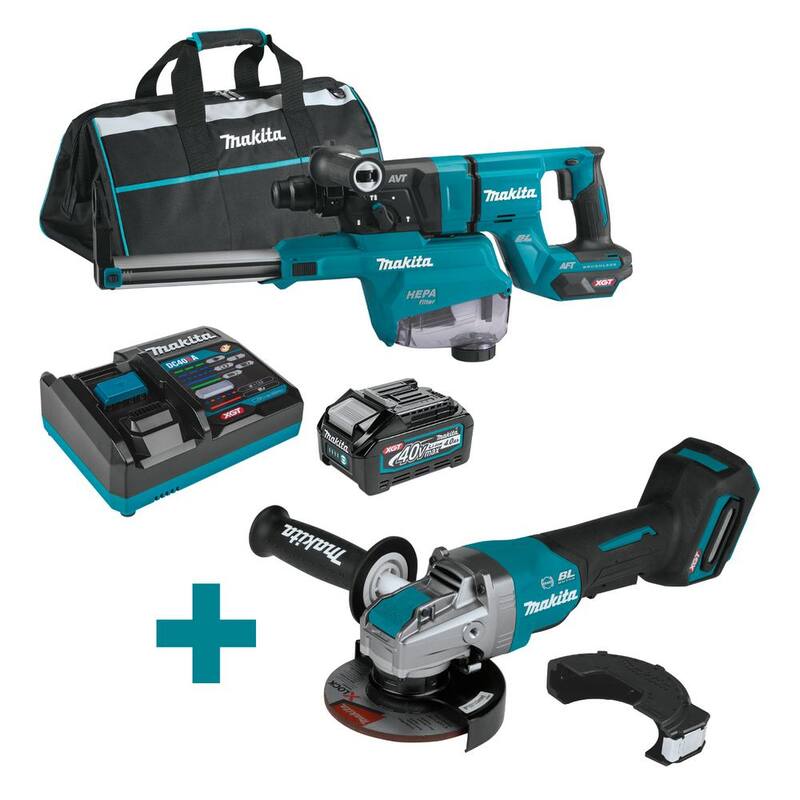 Kit de martillo rotativo sin escobillas Makita 40V max XGT de 1-1/8 pulgadas con extractor de polvo, AFT (4.0Ah) con bonito molinillo angular sin escobillas XGT de 5 pulgadas - GRH07M1W-GAG13Z