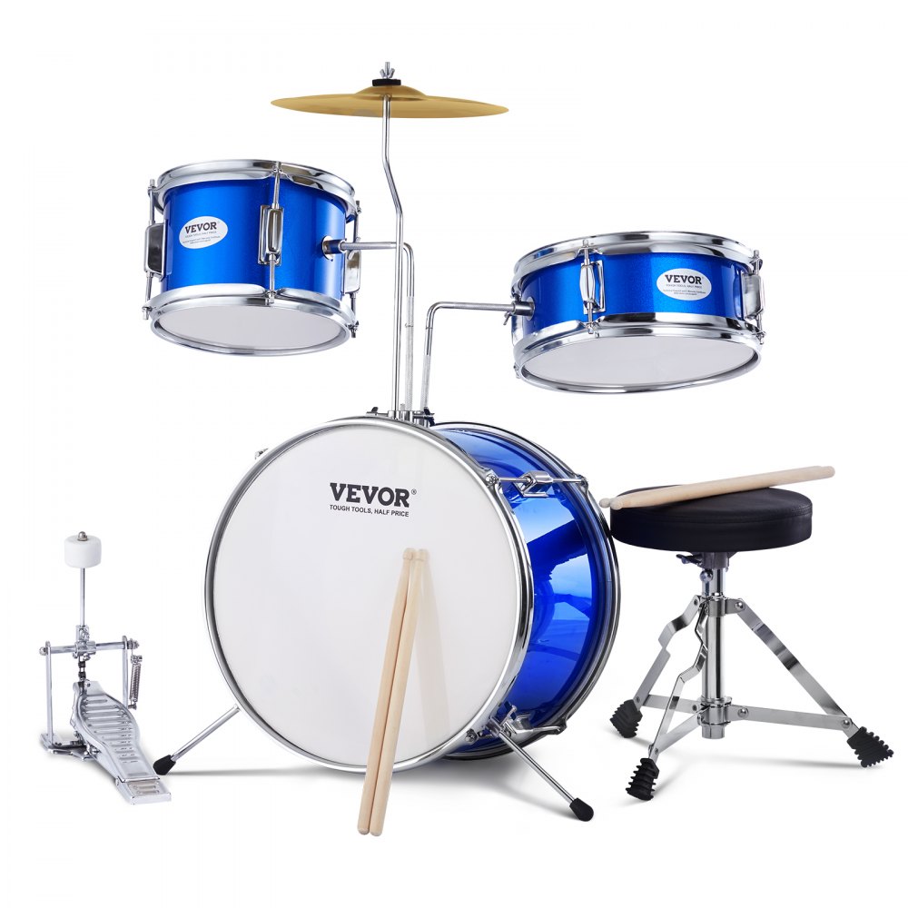 VEVOR Kids Drum Set, 3-Piece, 14 in Beginner Drum Set with Adjustable Throne Cymbal Pedal Two Pairs of Drumsticks, 8'' Tom Drum 10'' Snare Drum 14'' Bass Drum, Starter Drum Kit for Child Kids, Blue - SJTJZGSGZ14LBTYZAV0
